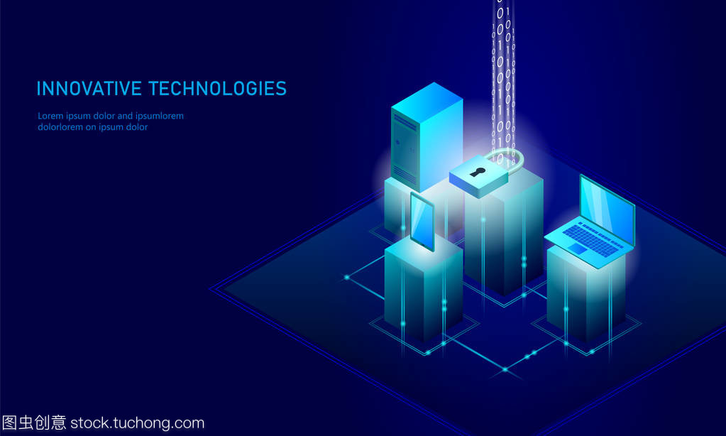 等距互聯(lián)網(wǎng)安全鎖業(yè)務理念。藍色發(fā)光等距個人信息數(shù)據(jù)連接 pc 智能手機未來技術(shù)。3d 圖表矢量圖