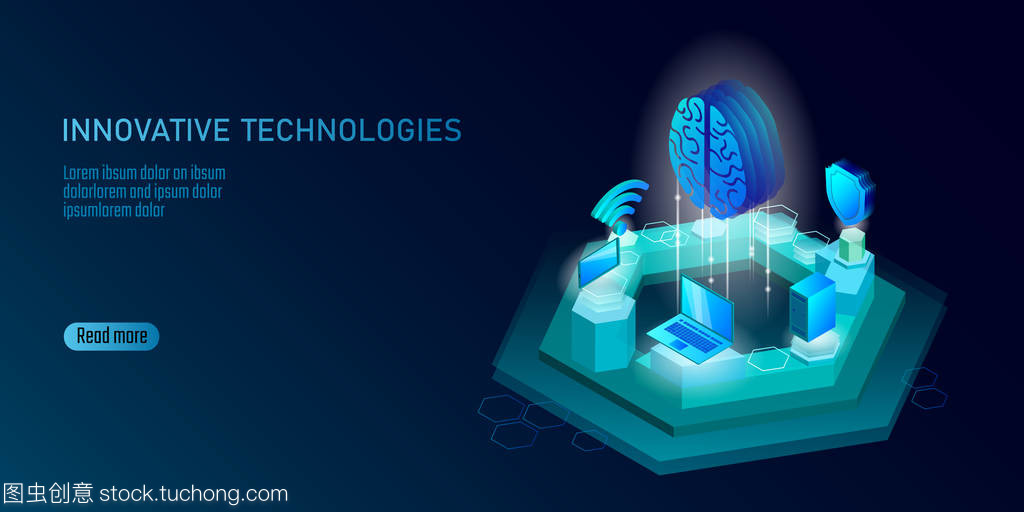 等距人工智能業(yè)務概念。藍色發(fā)光等距個人信息數(shù)據(jù)連接 pc 智能手機人腦未來技術。3d 圖表矢量圖